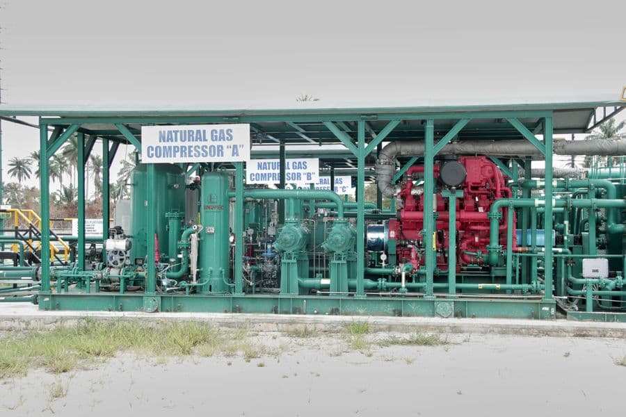 Detail view of a natural gas compressor at the Apani gas processing plant