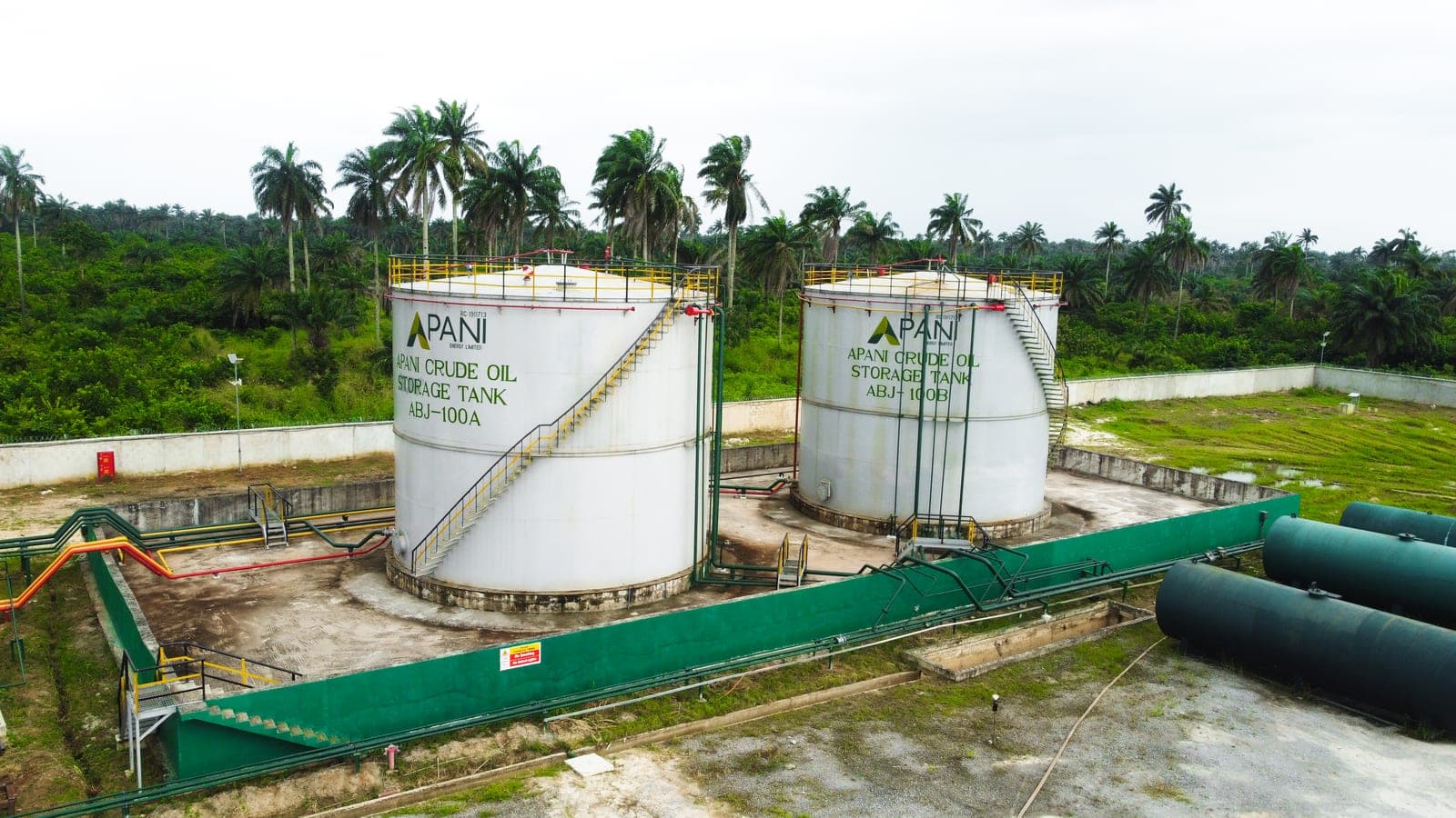 Aerial view of the Apani crude oil storage tanks