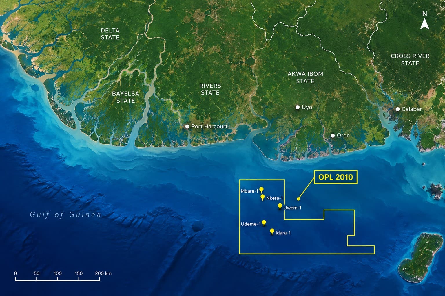Block map of OPL 2010 off the Bayelsa, Rivers and Akwa Ibom coast, showing the Mbara-1, Nkere-1, Uwem-1, Udeme-1 and Idara-1 wells